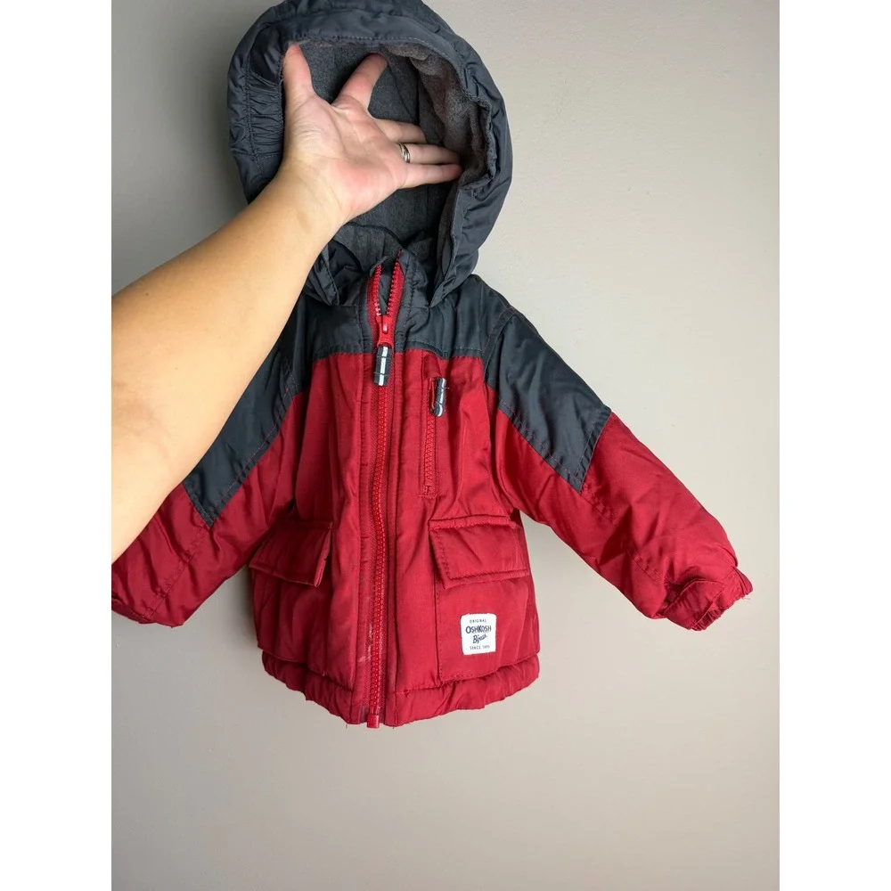 OshKosh Bgosh Baby Boy Red Gray Fleece Lined Hooded Puffer Winter Jacket 12M